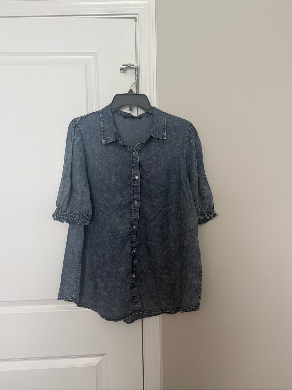 Jane and Delancey Washed Denim Button-Front Top - Dark Blue